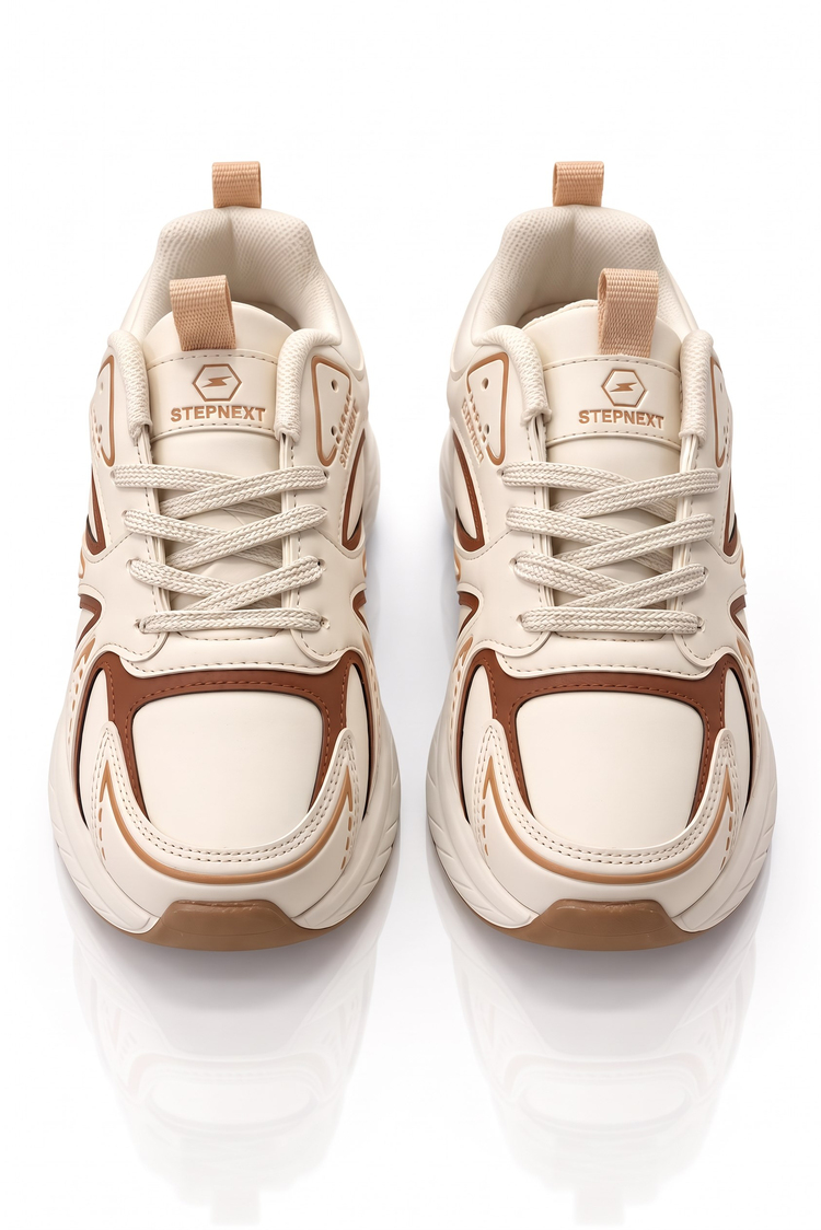 Rahat Kalıp Faylon Taban Bağcıklı Sneaker Kadın Bej Kahve Sneaker TBDR8002