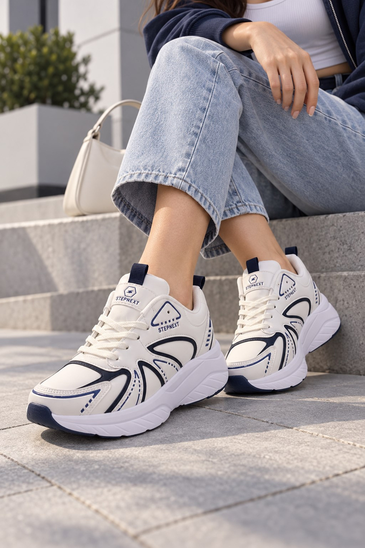 Rahat Kalıp Faylon Taban Bağcıklı Sneaker Kadın Beyaz Lacivert Sneaker TBDR8002