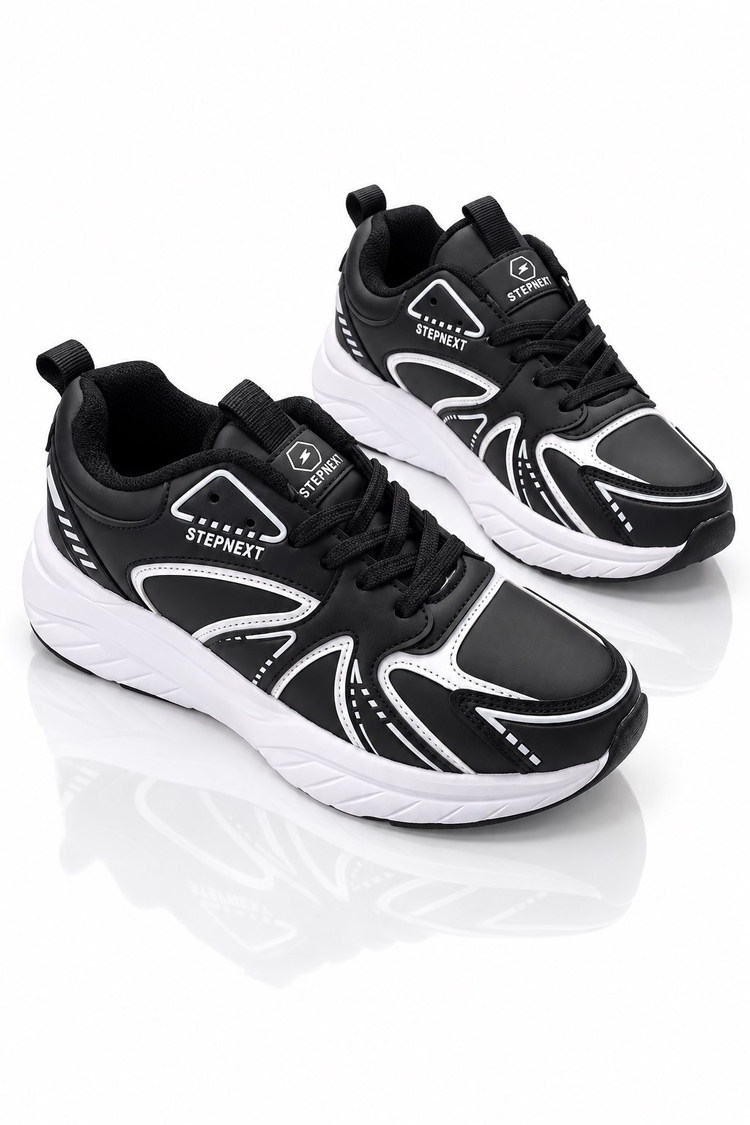 Rahat Kalıp Faylon Taban Bağcıklı Sneaker Kadın Siyah Beyaz Sneaker TBDR8002