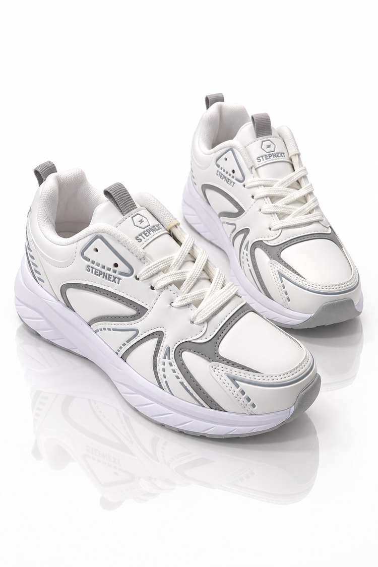Rahat Kalıp Faylon Taban Bağcıklı Sneaker Kadın Beyaz Gümüş Sneaker TBDR8002