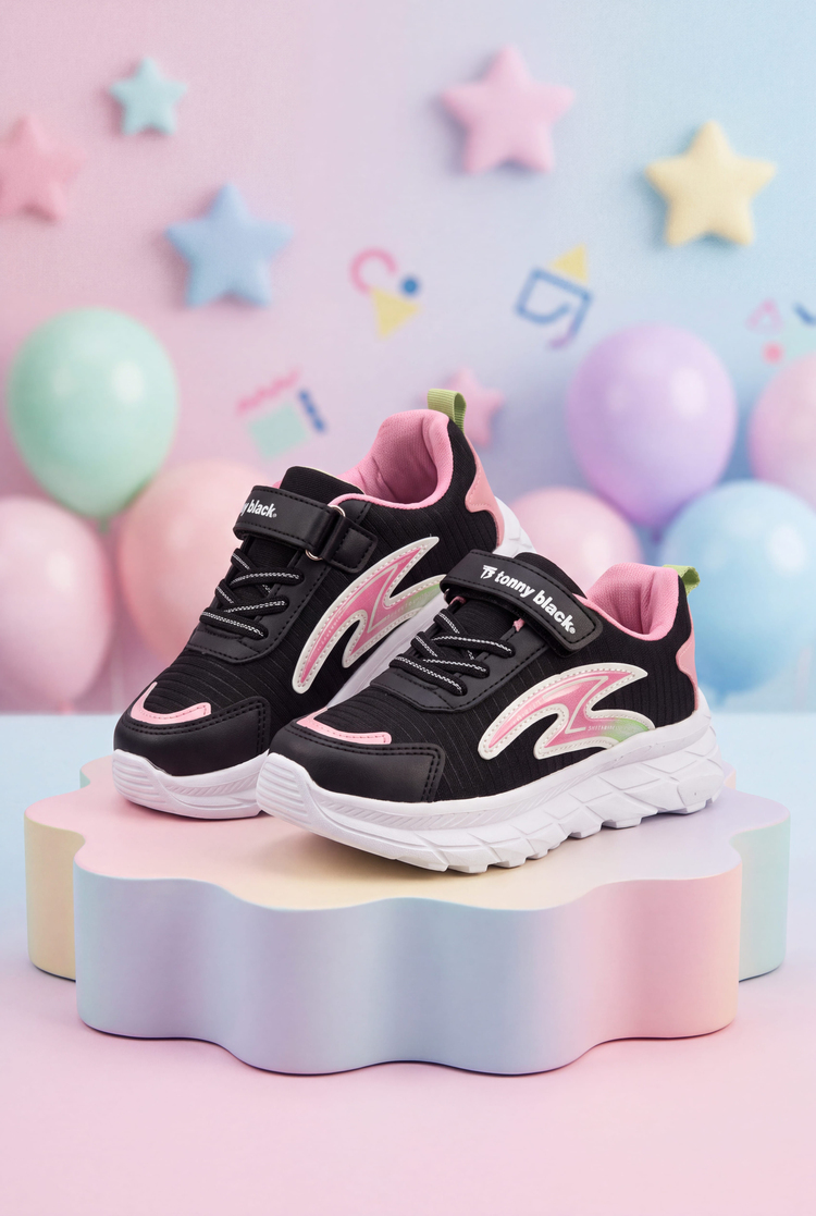 Rahat Kalıp Faylon Tabanlı Cırtlı Sneaker Çocuk Unisex Siyah Pembe Sneaker TBKRD020