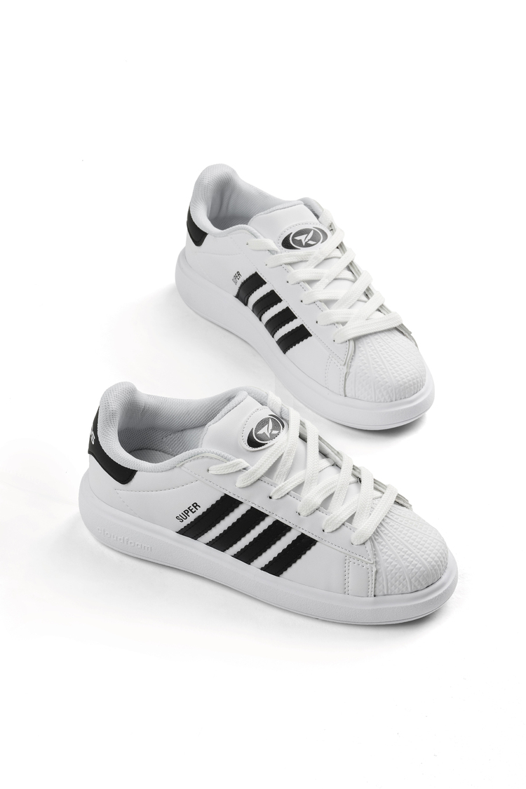 Rahat Kalıp Nefes Alabilen Bağcıklı Sneaker Çocuk Unisex Beyaz Siyah File Sneaker TBTMKD070