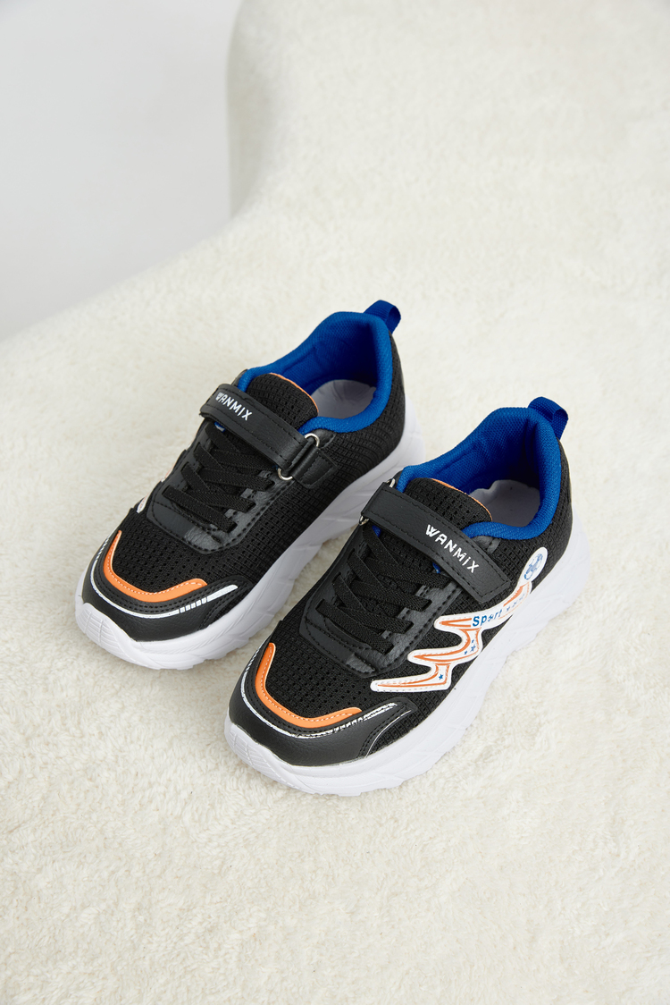 Rahat Kalıp Nefes Alabilen Cırtlı Sneaker Çocuk Unisex Siyah Mavi Oranj Sneaker TBKRD013