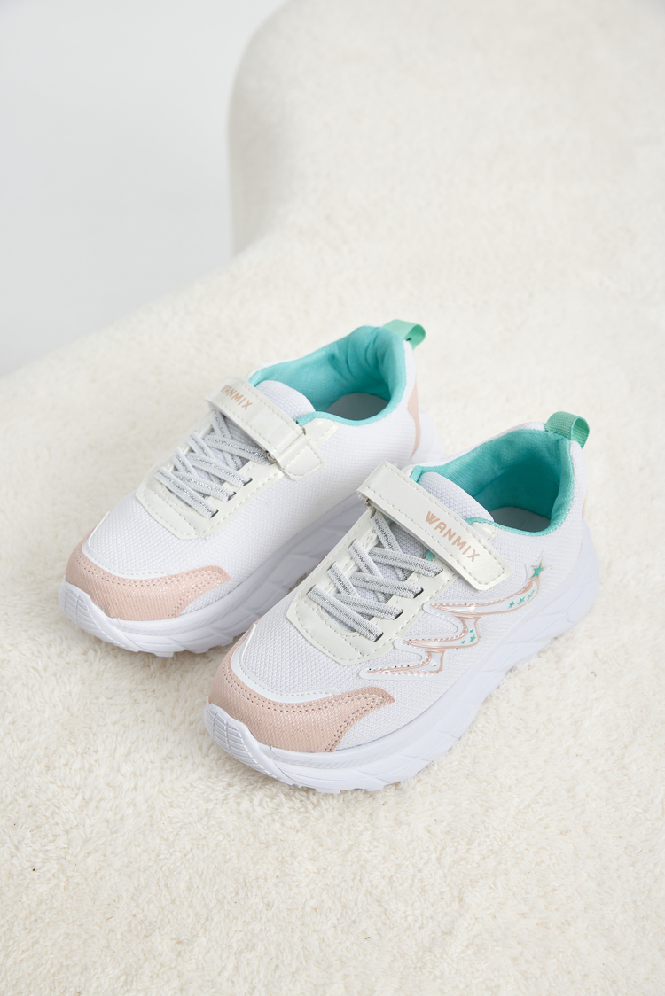 Rahat Kalıp Nefes Alabilen Cırtlı Sneaker Çocuk Unisex Pudra Beyaz Sneaker TBKRD013