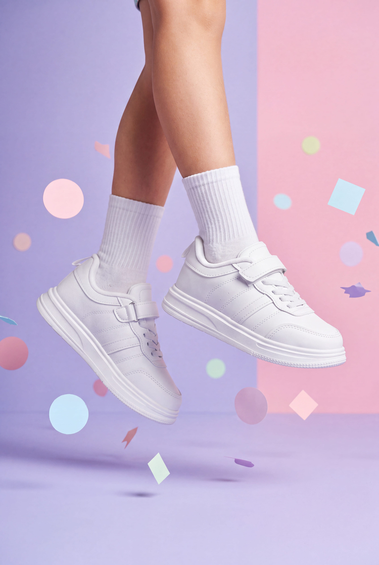 Rahat Kalıp Yanı Cizgili Cırtlı Sneaker Çocuk Unisex Beyaz Beyaz Sneaker TBKRD016