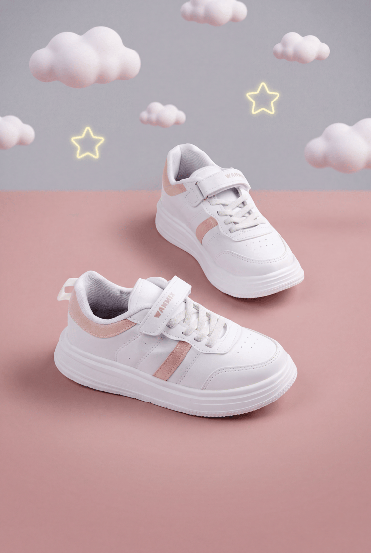 Rahat Kalıp Yanı Cizgili Cırtlı Sneaker Çocuk Unisex Beyaz Pudra Sneaker TBKRD016