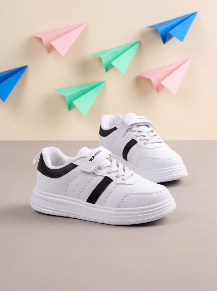 Rahat Kalıp Yanı Cizgili Cırtlı Sneaker Çocuk Unisex Beyaz Siyah Sneaker TBKRD016