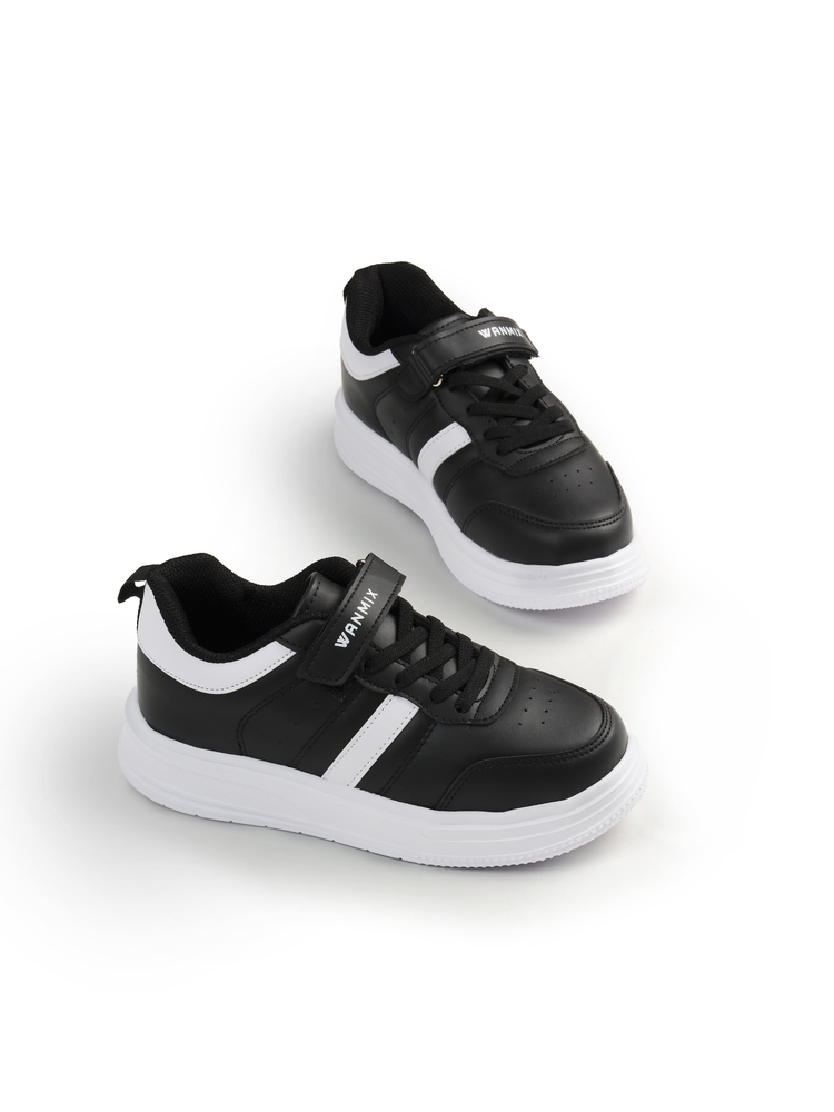 Rahat Kalıp Yanı Cizgili Cırtlı Sneaker Çocuk Unisex Siyah Beyaz Sneaker TBKRD016