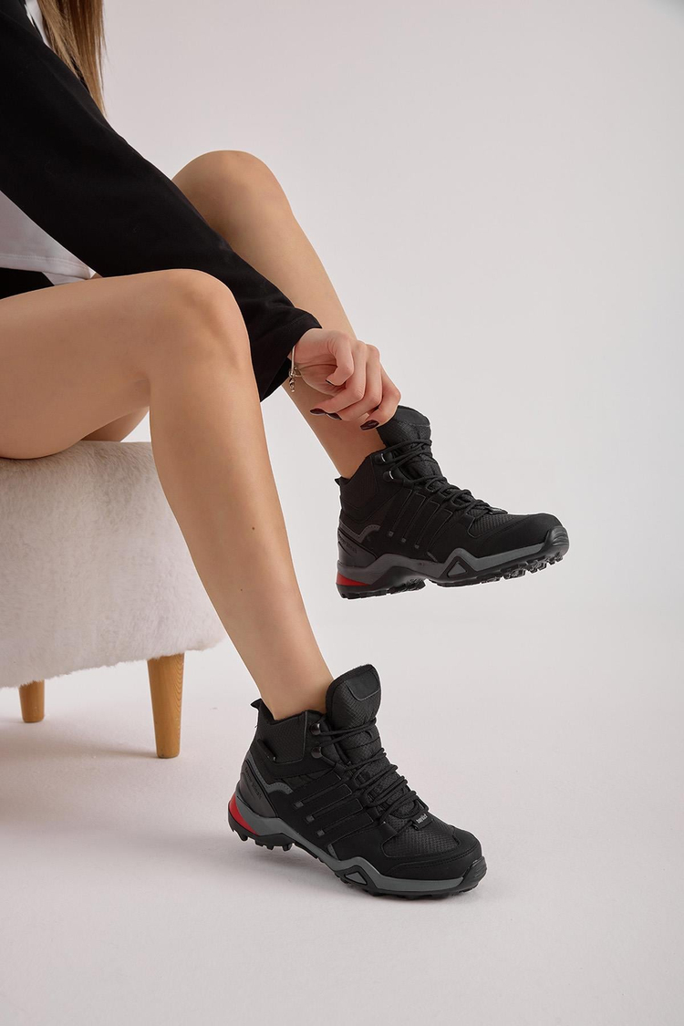Rahat Kalıp Yanı Şerit Detaylı Bağcıklı Unisex Siyah Füme Trekking Bot TB242-0K