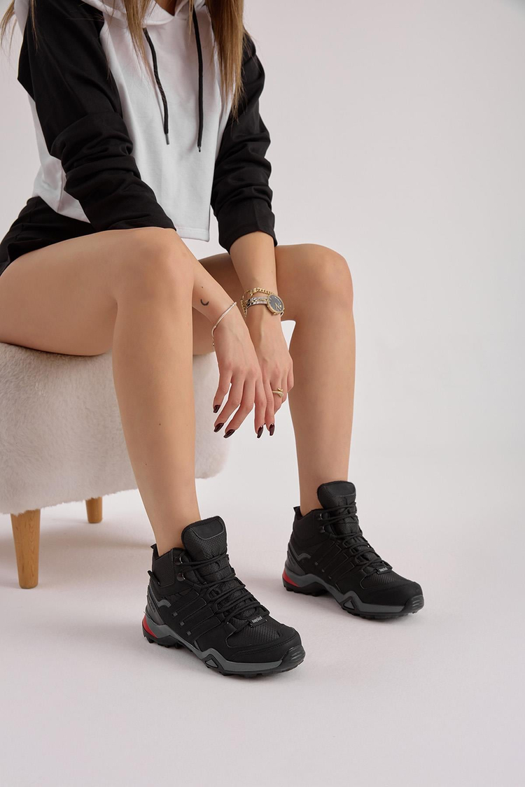 Rahat Kalıp Yanı Şerit Detaylı Bağcıklı Unisex Siyah Füme Trekking Bot TB242-0K