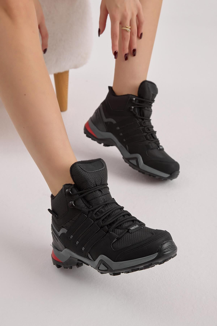 Rahat Kalıp Yanı Şerit Detaylı Bağcıklı Unisex Siyah Füme Trekking Bot TB242-0K