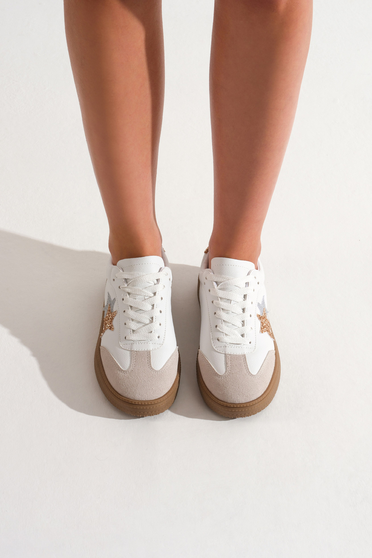 Rahat Kalıp Yarım Yıldız Desenli Sneaker Kadın Beyaz Sarı Sneaker TBZER050