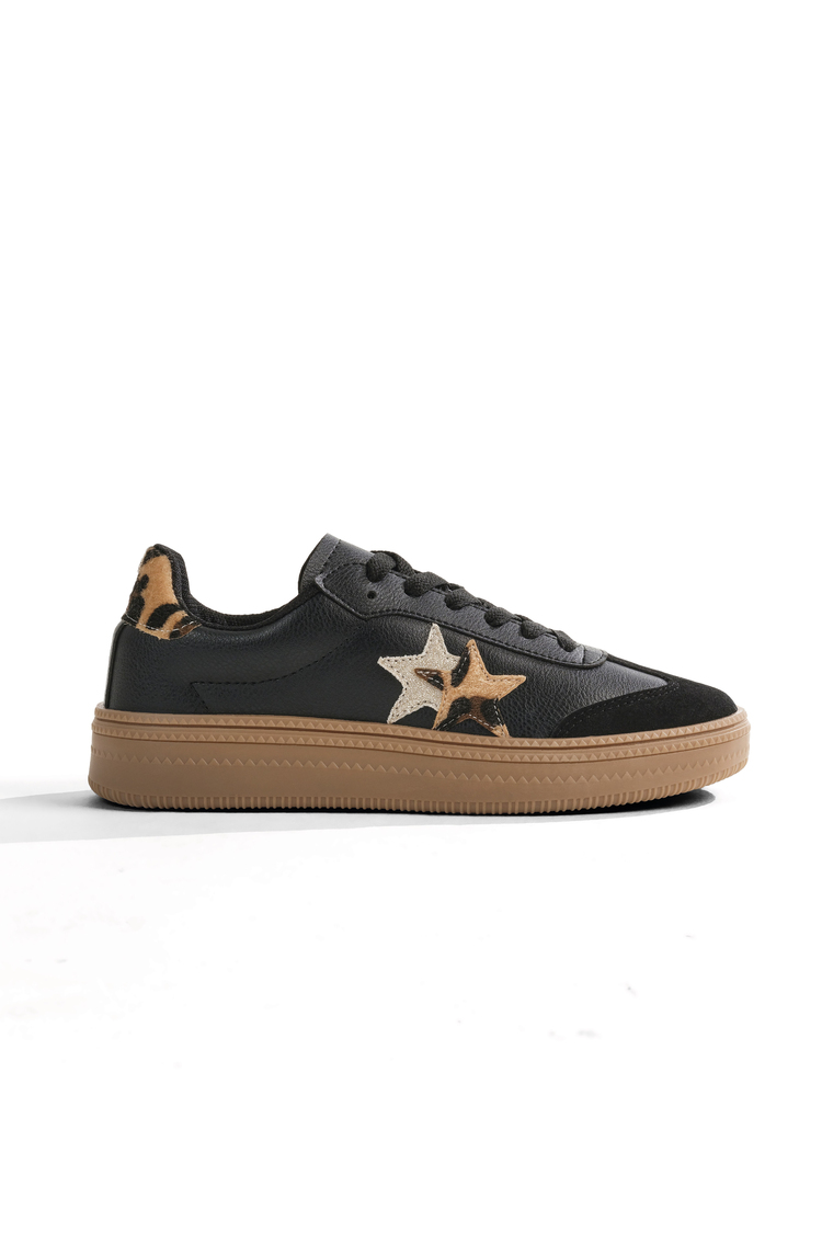 Rahat Kalıp Yarım Yıldız Desenli Sneaker Kadın Siyah Leopar Sneaker TBZER050