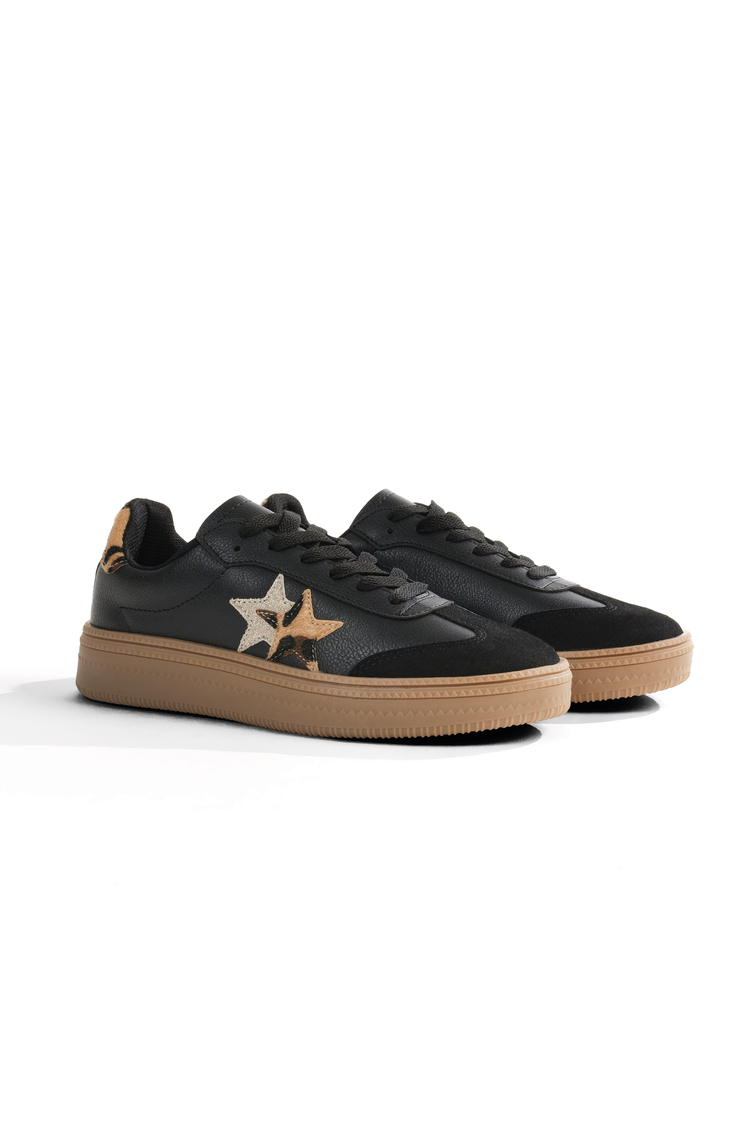 Rahat Kalıp Yarım Yıldız Desenli Sneaker Kadın Siyah Leopar Sneaker TBZER050