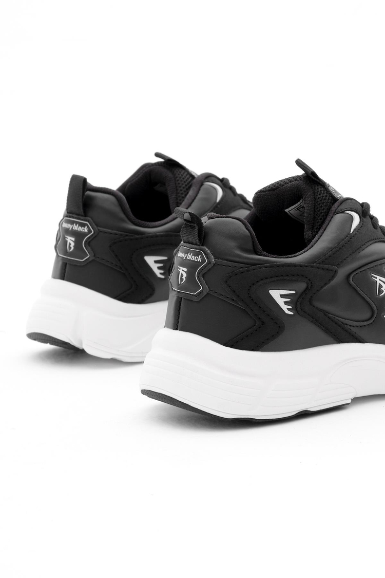 Rahat Kalıp Yüksek Faylon Taban Bağcıklı Unisex Siyah Cilt Spor Ayakkabı TBA725