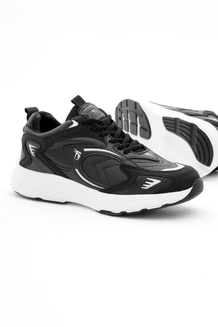 Rahat Kalıp Yüksek Faylon Taban Bağcıklı Unisex Siyah Cilt Spor Ayakkabı TBA725