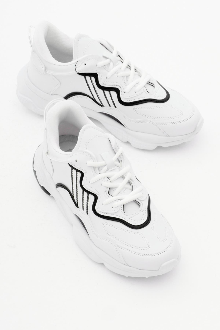 Rahat Kalıp Yüksek Taban Şeritli Bağcıklı Unisex Beyaz Siyah Spor Ayakkabı TB248-0K
