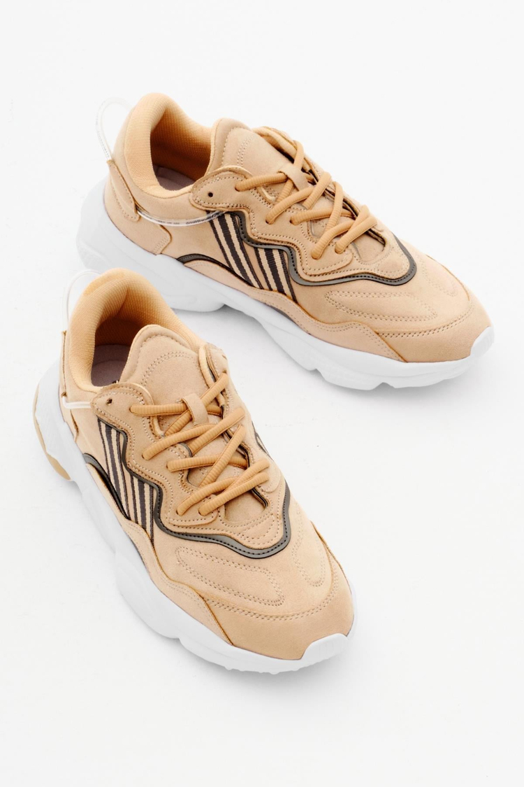 Rahat Kalıp Yüksek Taban Şeritli Bağcıklı Unisex Bej Spor Ayakkabı TB248-0K
