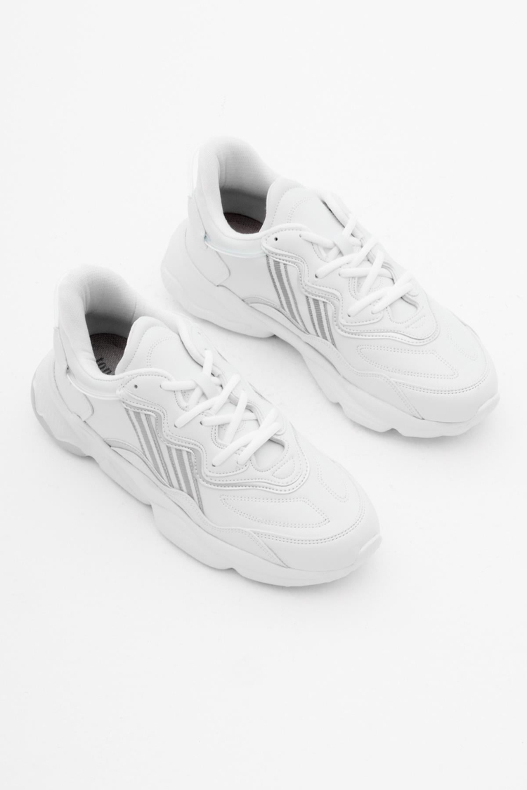 Rahat Kalıp Yüksek Taban Şeritli Bağcıklı Unisex Beyaz Cilt Spor Ayakkabı TB248-0K