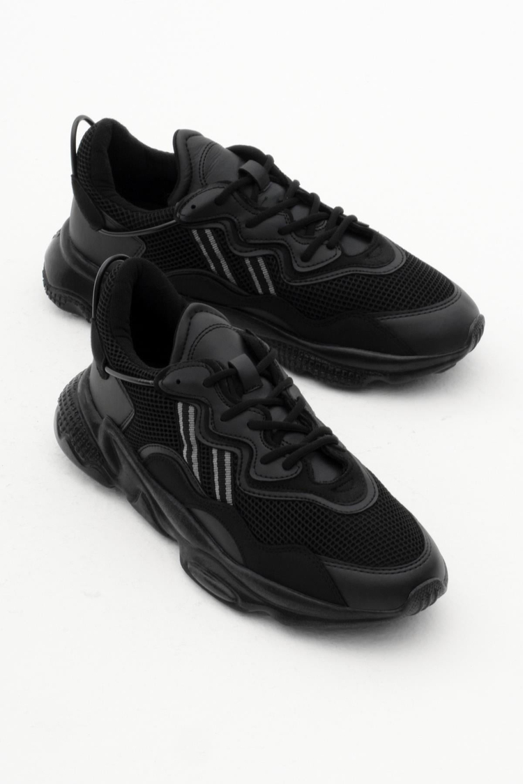 Rahat Kalıp Yüksek Taban Şeritli Bağcıklı Unisex Siyah Spor Ayakkabı TB248-0K