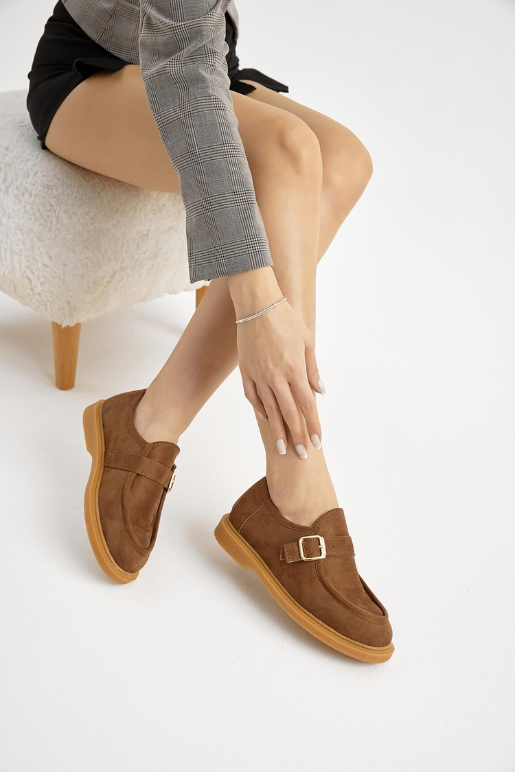 Termo Taban Süet Görünümlü Tokalı Kadın Taba Günlük Loafer TBMHH035