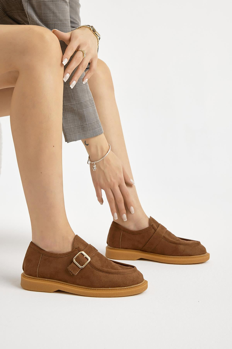 Termo Taban Süet Görünümlü Tokalı Kadın Taba Günlük Loafer TBMHH035