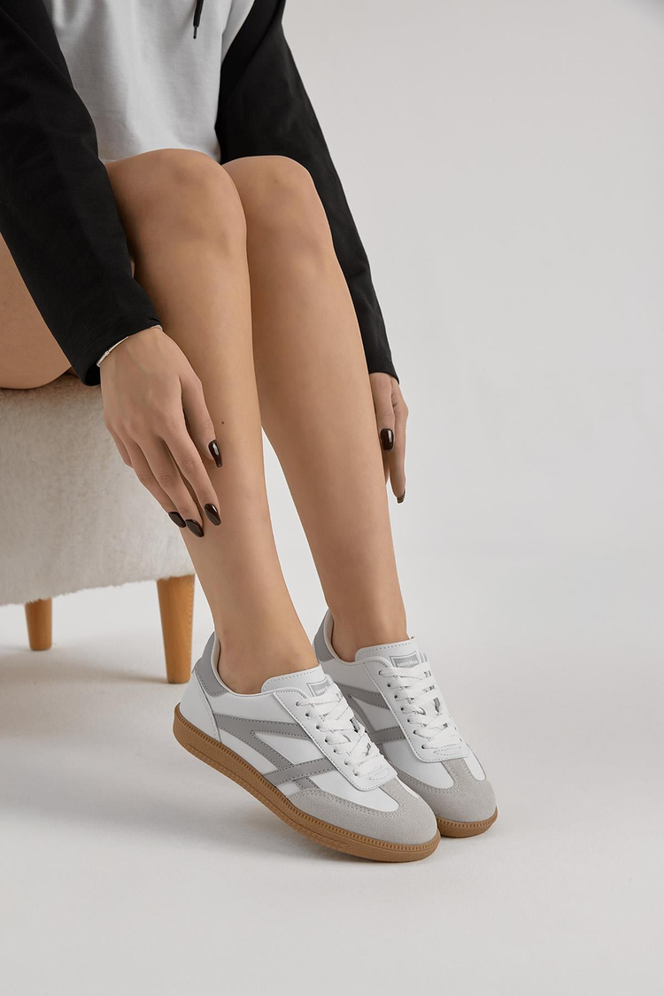Termo Taban Yanı Şeritli Bağcıklı Unisex Beyaz Gri Spor Ayakkabı TBSZ010