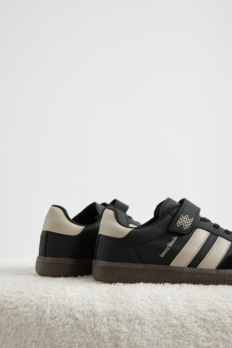 Termo Taban Yanı Şeritli Cırtlı Bağcıklı Sneaker Çocuk Unisex Siyah Bej Sneaker TBZER040