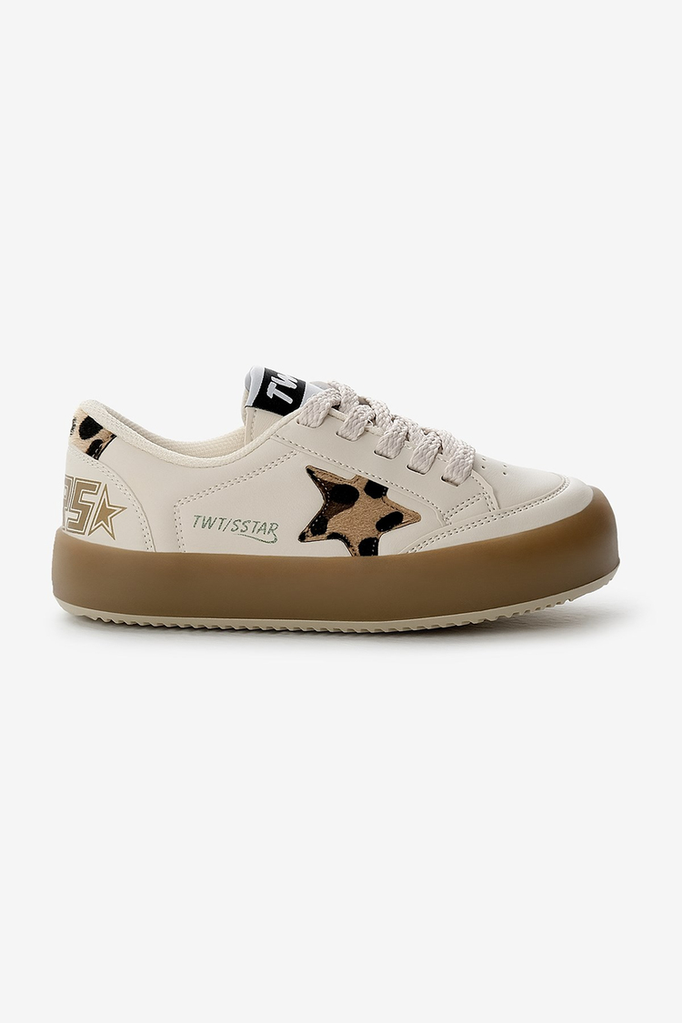 Termo Taban Yıldız Detaylı Bağcıklı ve Cırtlı Çocuk Unisex Bej Leopar Spor Ayakkabı TBKMN320