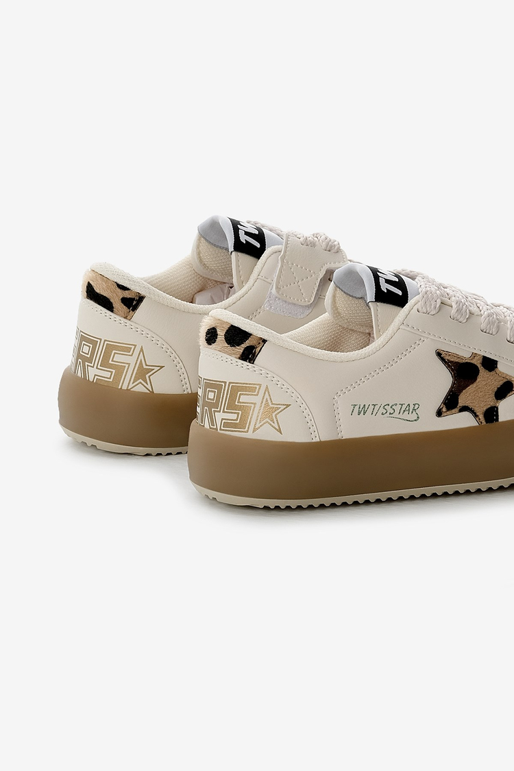 Termo Taban Yıldız Detaylı Bağcıklı ve Cırtlı Çocuk Unisex Bej Leopar Spor Ayakkabı TBKMN320