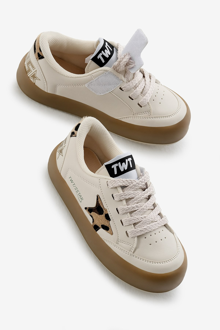 Termo Taban Yıldız Detaylı Bağcıklı ve Cırtlı Çocuk Unisex Bej Leopar Spor Ayakkabı TBKMN320