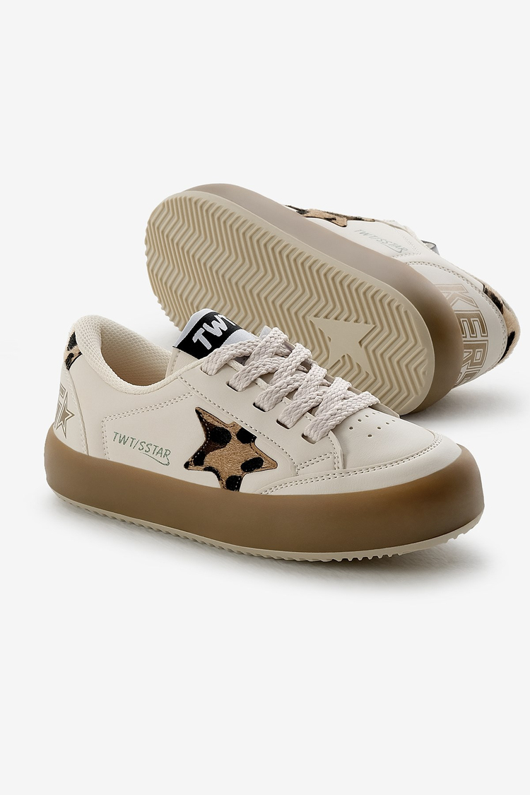 Termo Taban Yıldız Detaylı Bağcıklı ve Cırtlı Çocuk Unisex Bej Leopar Spor Ayakkabı TBKMN320