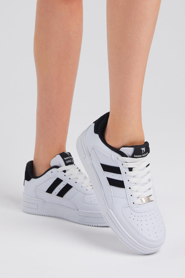Unisex Beyaz Siyah Yanı Çizgili Bağcıklı Rahat Kalıp Sneaker