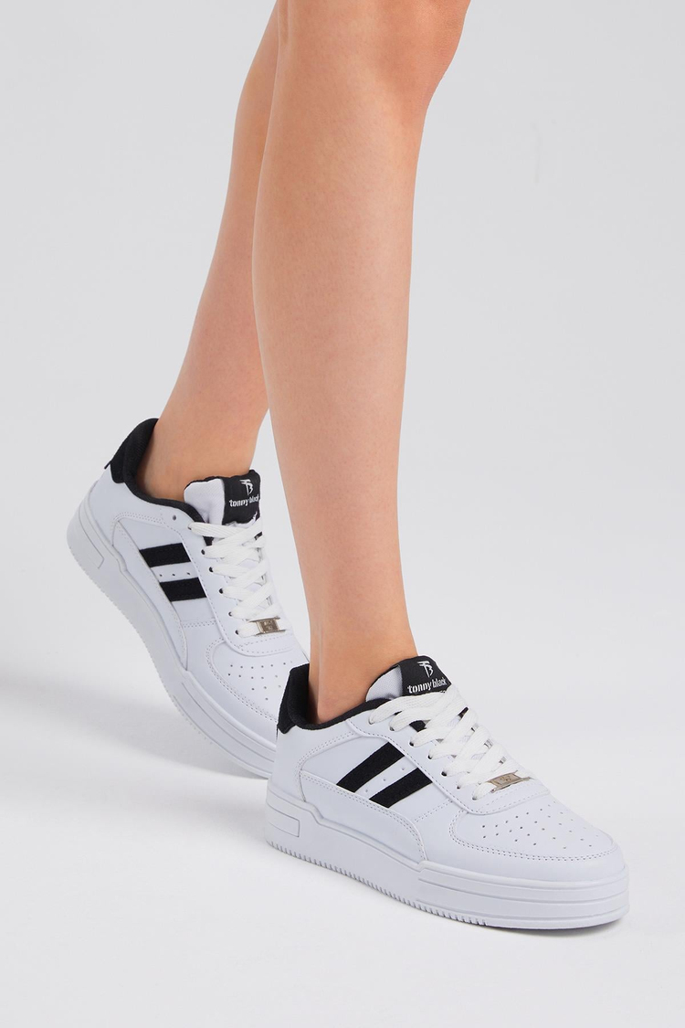 Unisex Beyaz Siyah Yanı Çizgili Bağcıklı Rahat Kalıp Sneaker