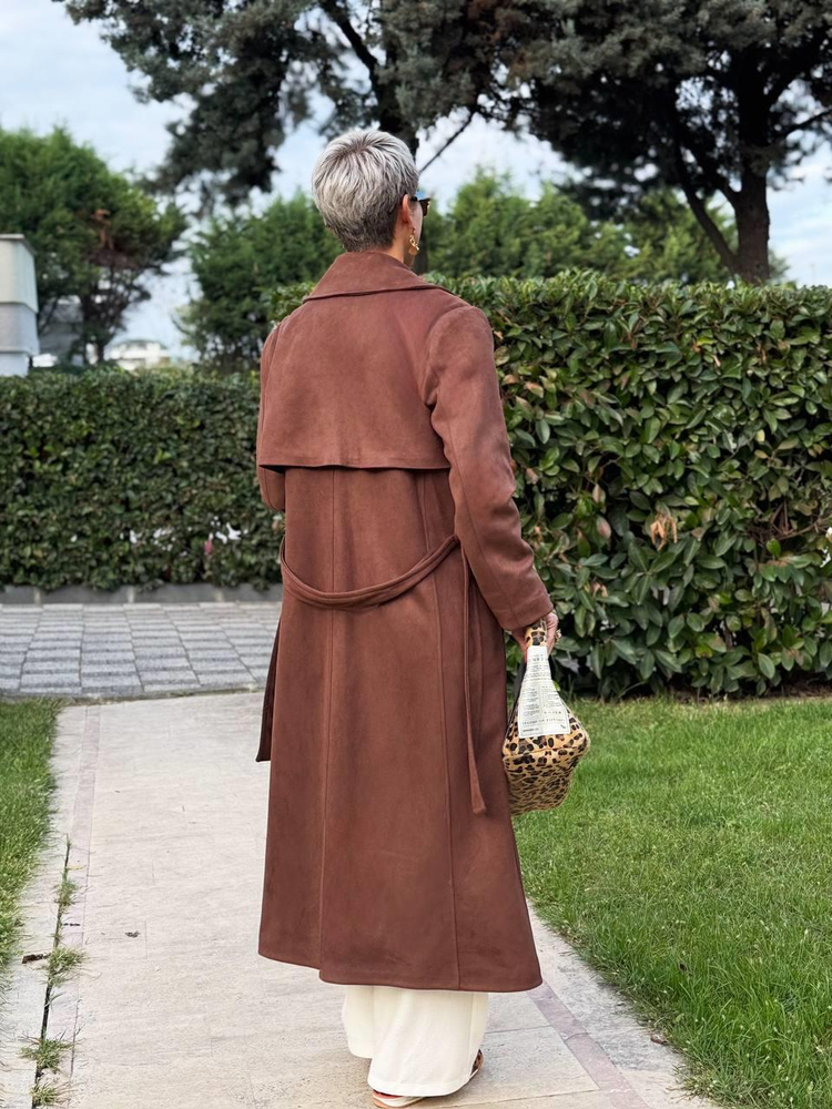 DARK BROWN SUEDE TRENCH COAT WITH WINDBREAKER DETAIL