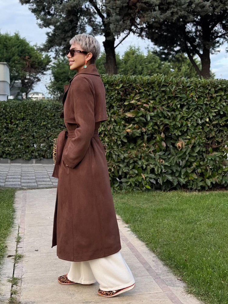 DARK BROWN SUEDE TRENCH COAT WITH WINDBREAKER DETAIL