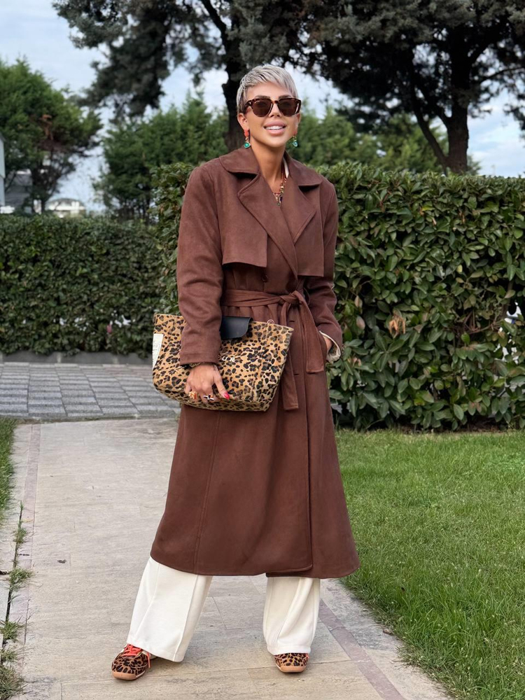 DARK BROWN SUEDE TRENCH COAT WITH WINDBREAKER DETAIL