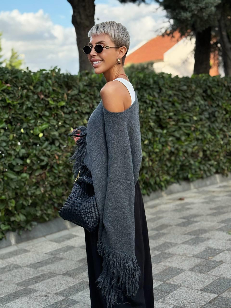 ANTHRACITE FRINGED KNIT PONCHO