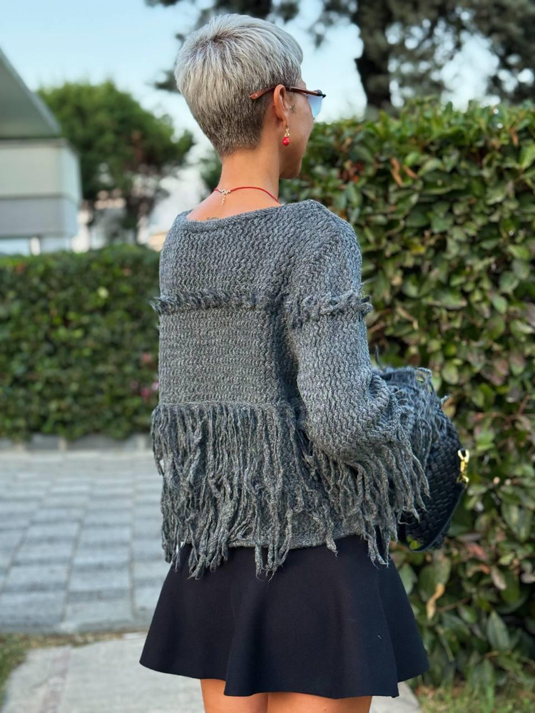 ANTHRACITE FRINGED KNIT CARDIGAN