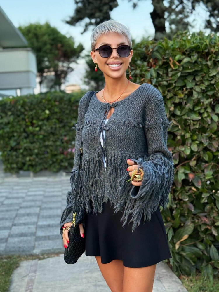 ANTHRACITE FRINGED KNIT CARDIGAN