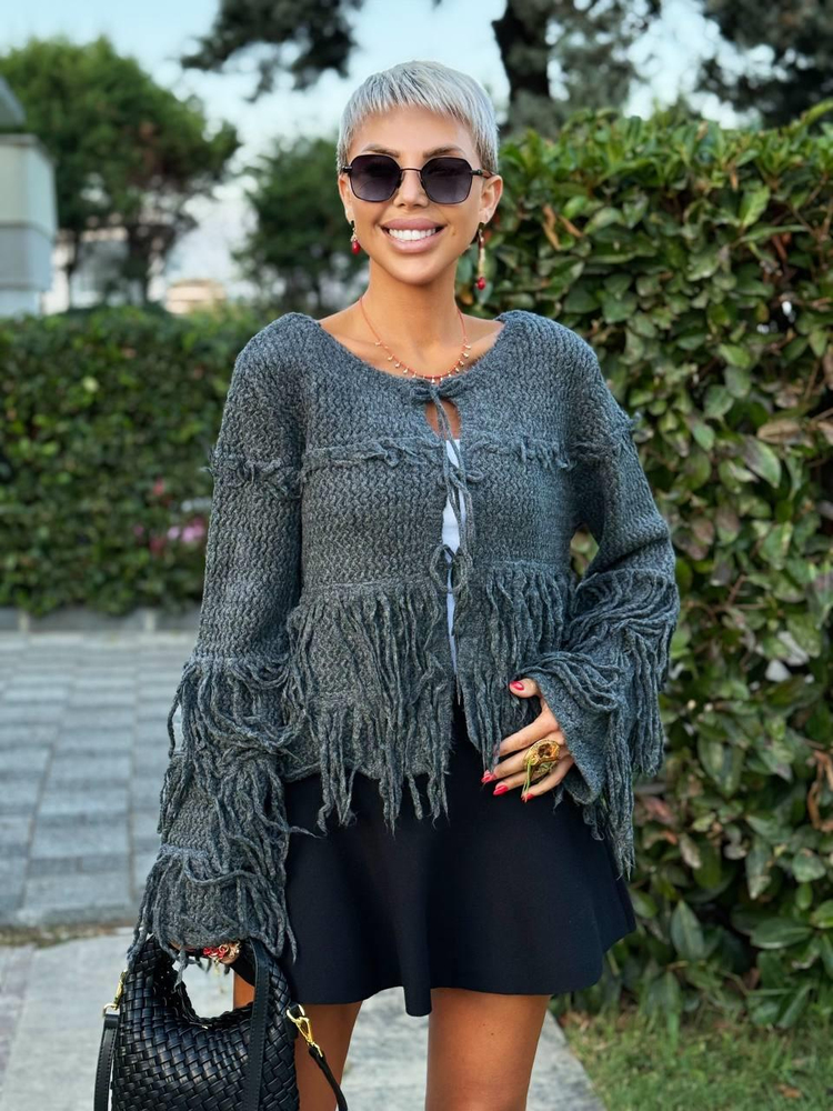 ANTHRACITE FRINGED KNIT CARDIGAN