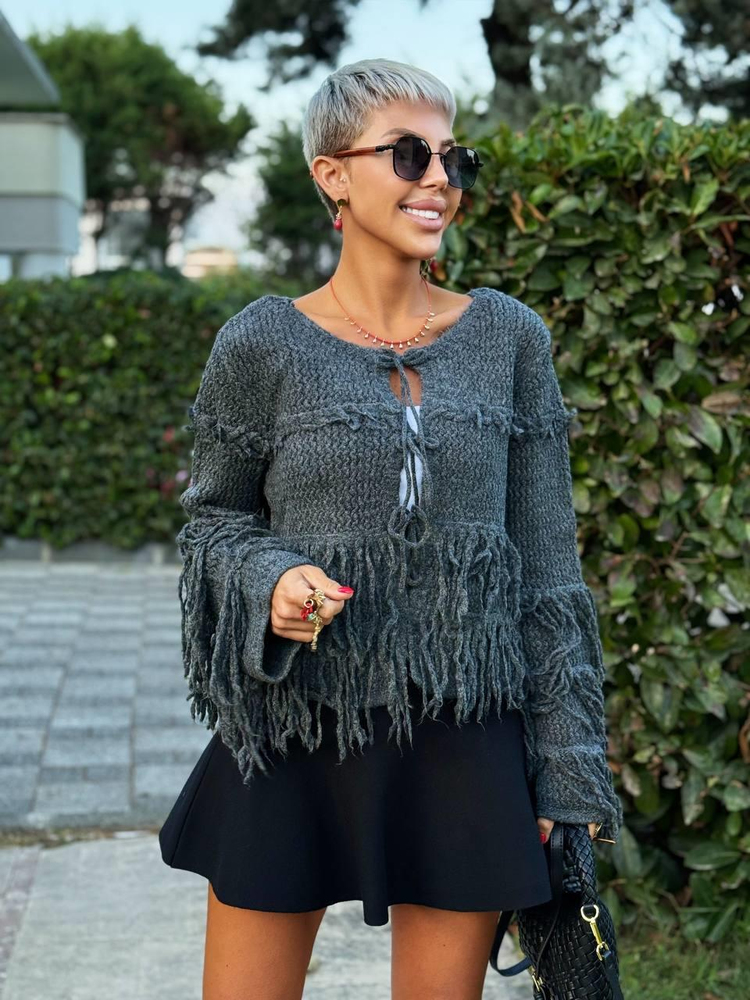 ANTHRACITE FRINGED KNIT CARDIGAN