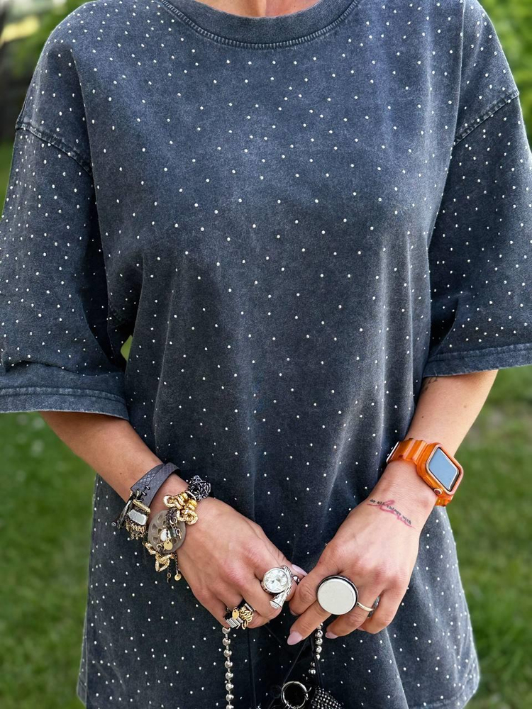 ANTHRACITE STONE-EMBELLISHED OVERSIZE PREMIUM T-SHIRT