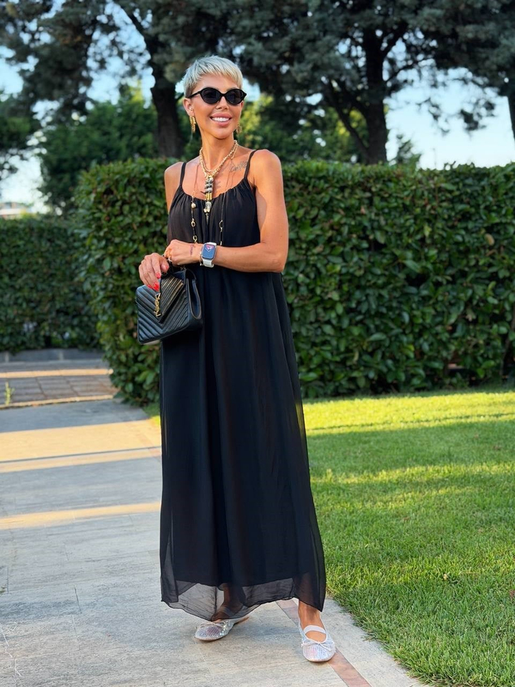 Askılı Astarlı İpek Elbise - Siyah