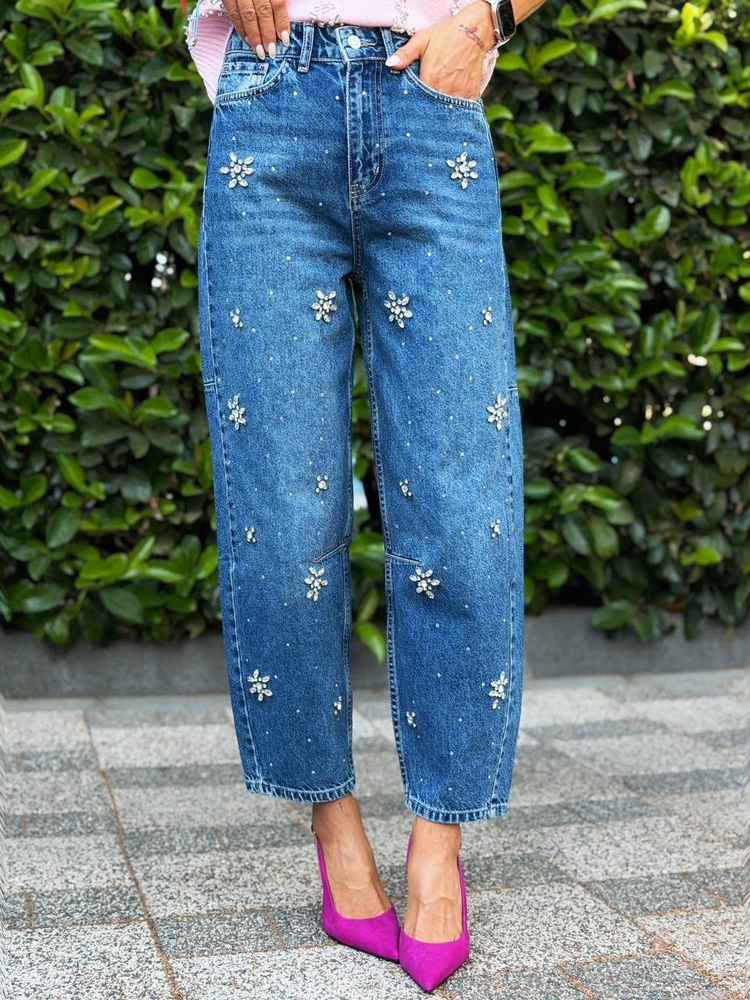 Balon Model Taşlı Jean Pantolon Lacivert