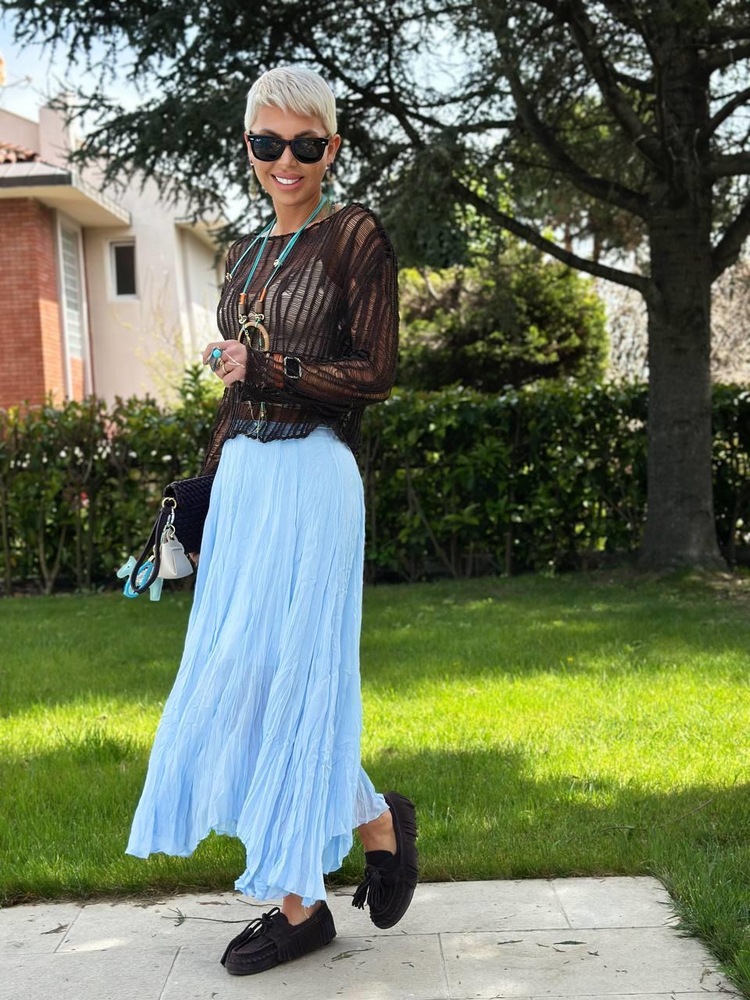BEBE MAVİSİ ASTARLI ASİMETRİK ŞİFON ETEK