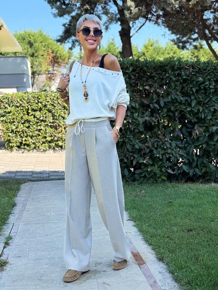 BEIGE WAIST-DETAIL PALAZZO PANTS WITH POCKETS