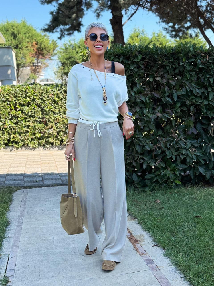 BEIGE WAIST-DETAIL PALAZZO PANTS WITH POCKETS
