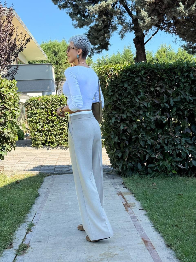 BEIGE WAIST-DETAIL PALAZZO PANTS WITH POCKETS