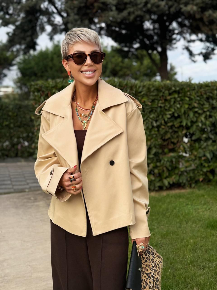 CAMEL BELTED SHORT TRENCH COAT